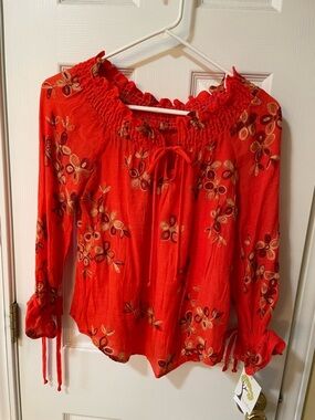 Fig & Flower Embroidered Boho Blouse PS Orange Floral Tie Neck